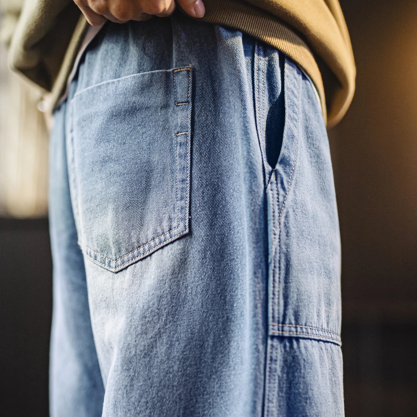 Maden Men's Washed Denim Jeans Wide Leg Straight Pants Elastic Waist Drawstring Loose Fit Casual Trousers for Spring Fall