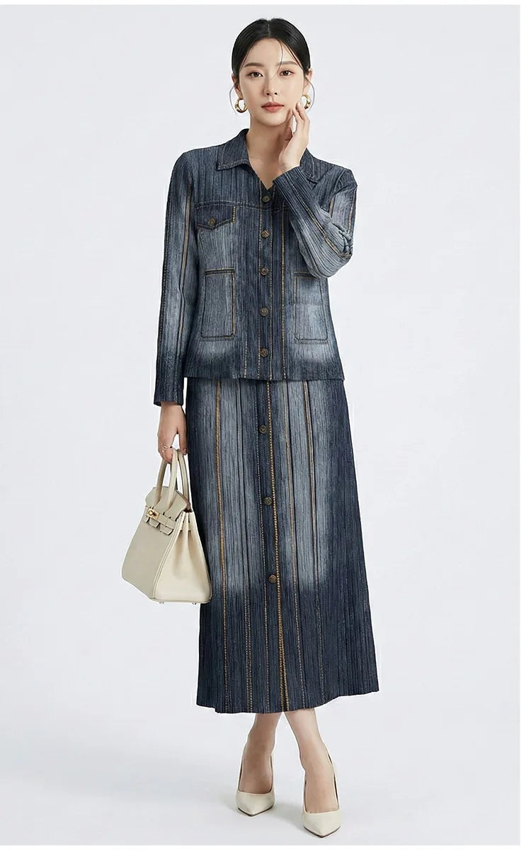 Women's premium denim two-piece suit, featuring a retro gradient cardigan paired with a midi skirt, a fashionable retro style fo