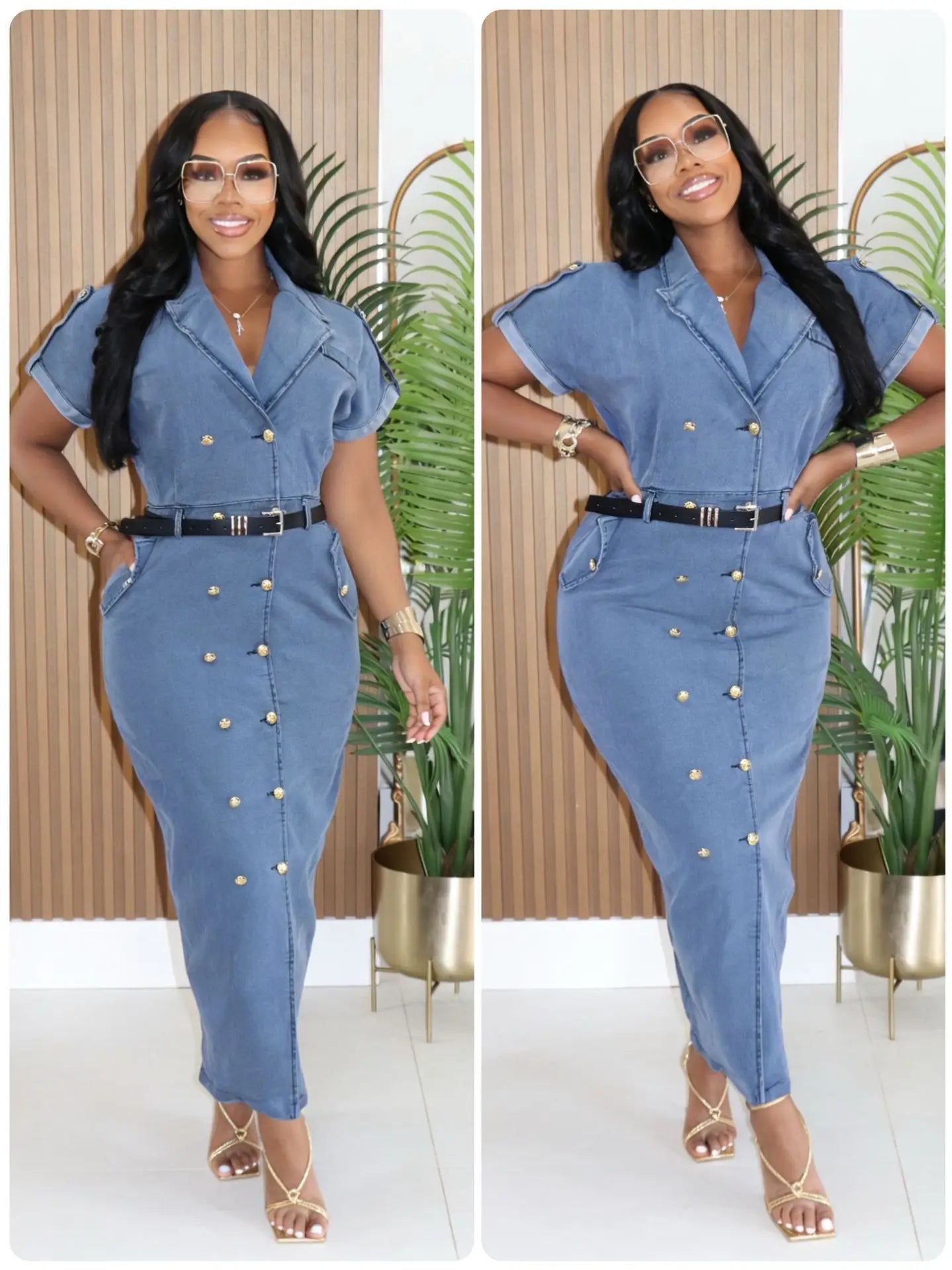 2026 Women's Fashionable Double-Breasted Denim Dress Short-Sleeved Casual Waist Belted New Style