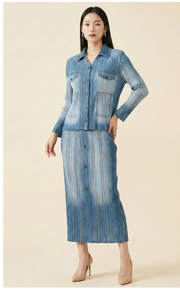 Women's premium denim two-piece suit, featuring a retro gradient cardigan paired with a midi skirt, a fashionable retro style fo
