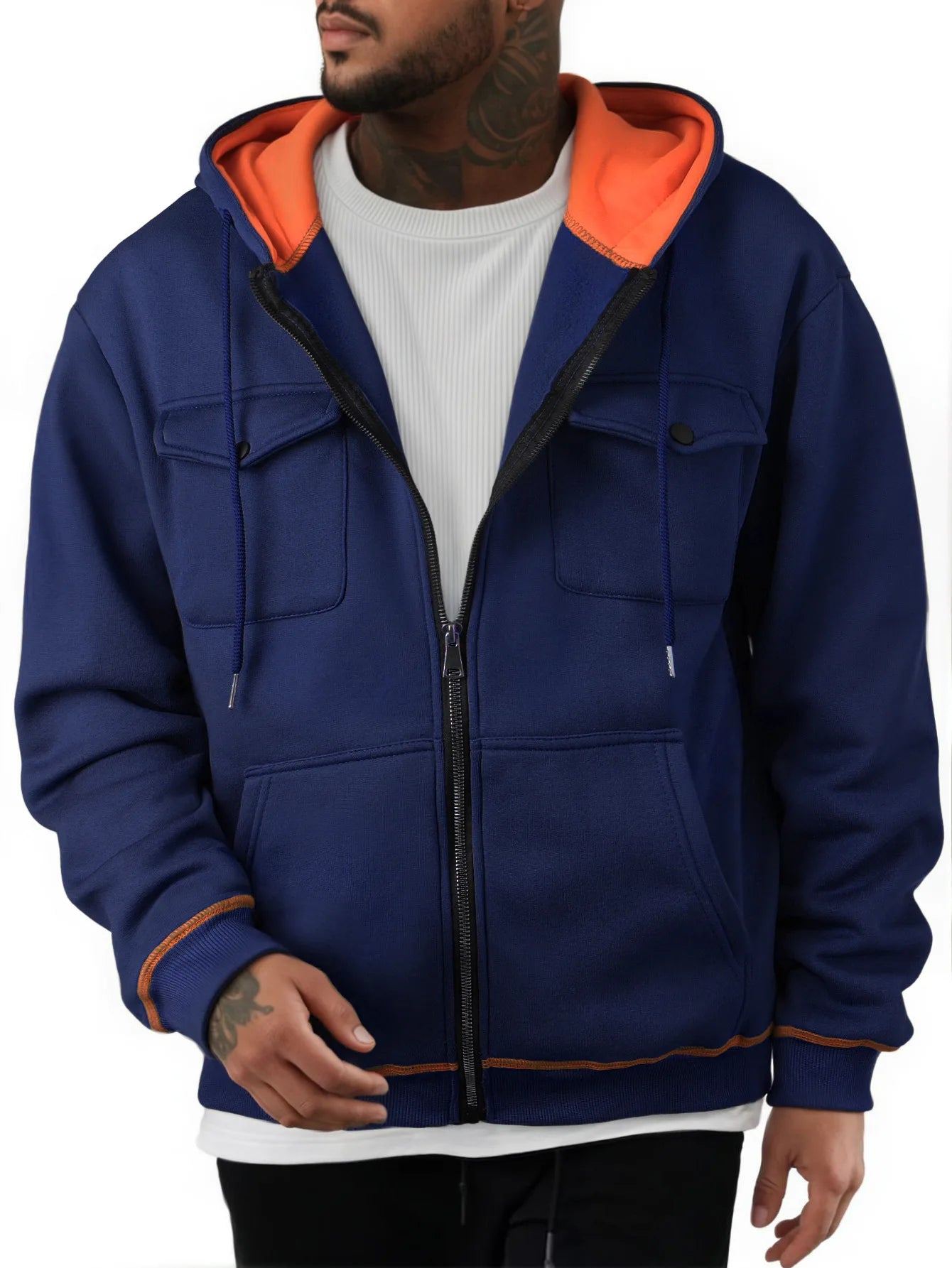 High Street Hoodie Men's Solid Color Chest Two Pocket Zipper Long Sleeve Loose Jacket Jacket Casual Hoodie Y2K