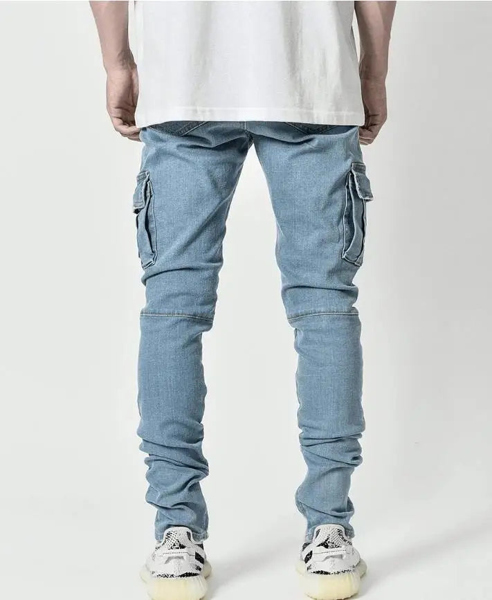 Men's street elastic denim work pants washed solid color multi pocket casual mid waist pants slim fit daily wear jogging pants