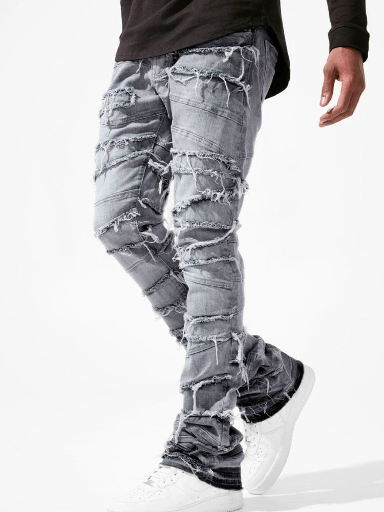 Men's High Street Distressed Stacked Jeans Patchwork Frayed Slim Straight Denim Pants Blue Trendy Fashion Slim Fit Trousers