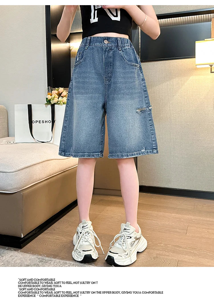 Kids New Summer Denim Shorts For Teen Girls Casual Knee-Length Jeans with Hole Elegant Teenage Child Fashion Shorts Pants 5-14T