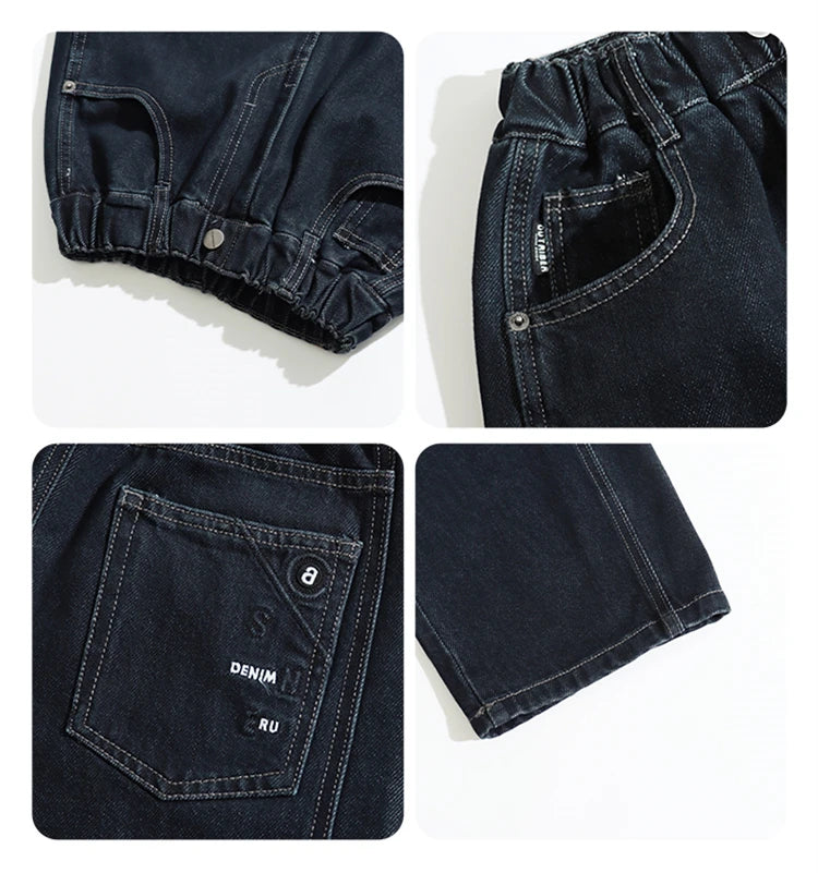 Children Vintage Dark Blue Denim Jeans with Pockets for Teens Boys New Casual Pants Kids High Quality Spring Autumn Trousers