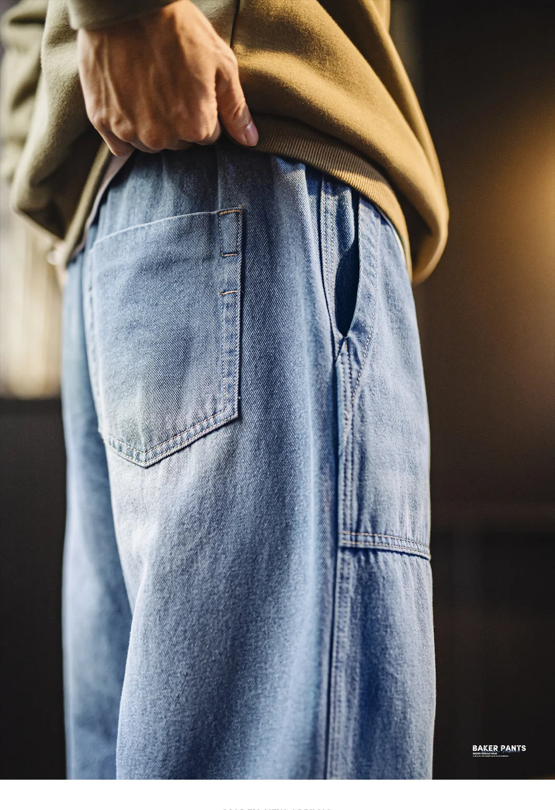 Maden Men's Washed Denim Jeans Wide Leg Straight Pants Elastic Waist Drawstring Loose Fit Casual Trousers for Spring Fall