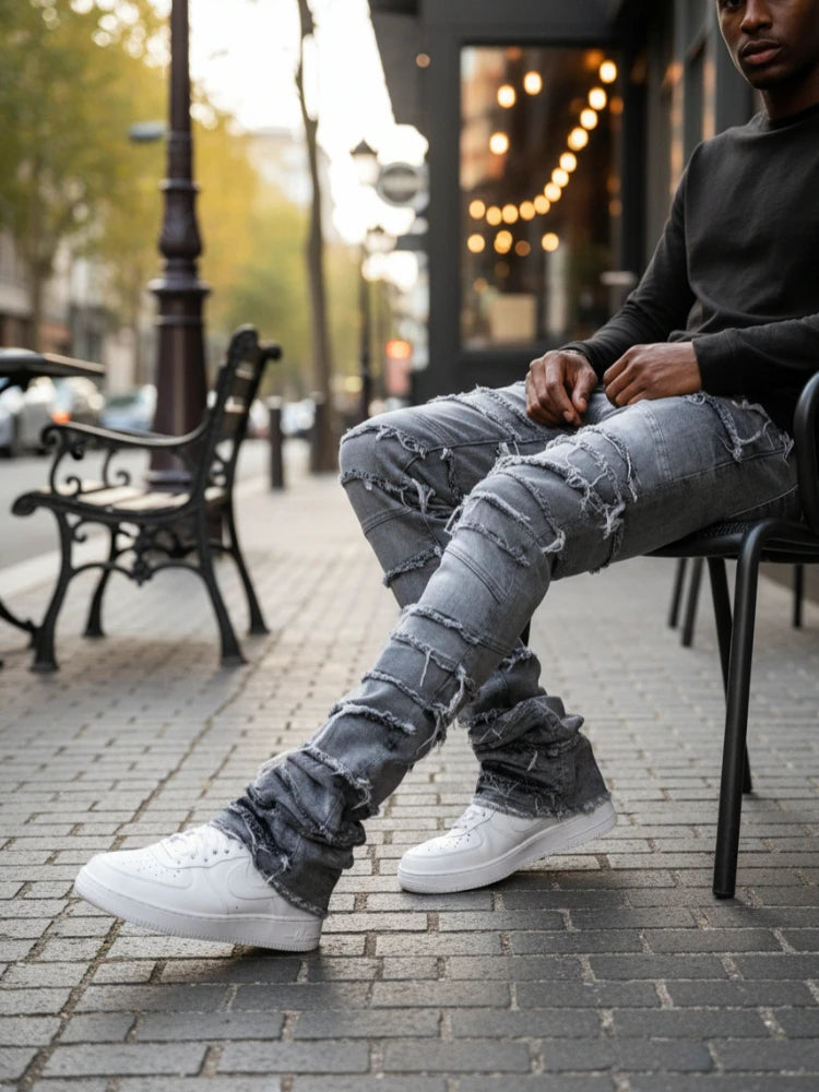 Men's High Street Distressed Stacked Jeans Patchwork Frayed Slim Straight Denim Pants Blue Trendy Fashion Slim Fit Trousers