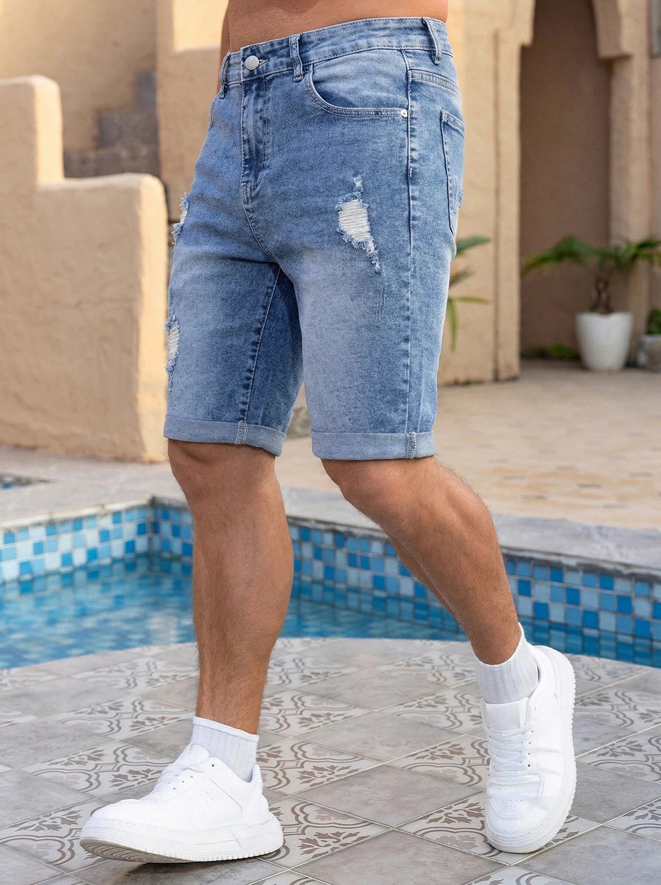 Men Pants Jeans Clothing Denim Trousers Shorts Men's Summer Medium Wash Ripped Distressed Denim Shorts Casual Streetwear Rolled