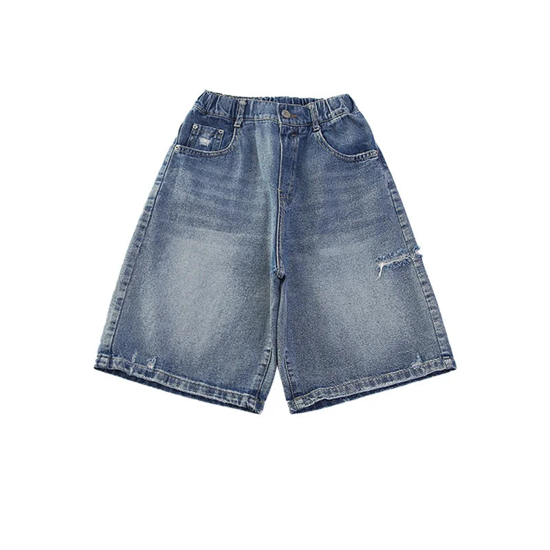 Kids New Summer Denim Shorts For Teen Girls Casual Knee-Length Jeans with Hole Elegant Teenage Child Fashion Shorts Pants 5-14T