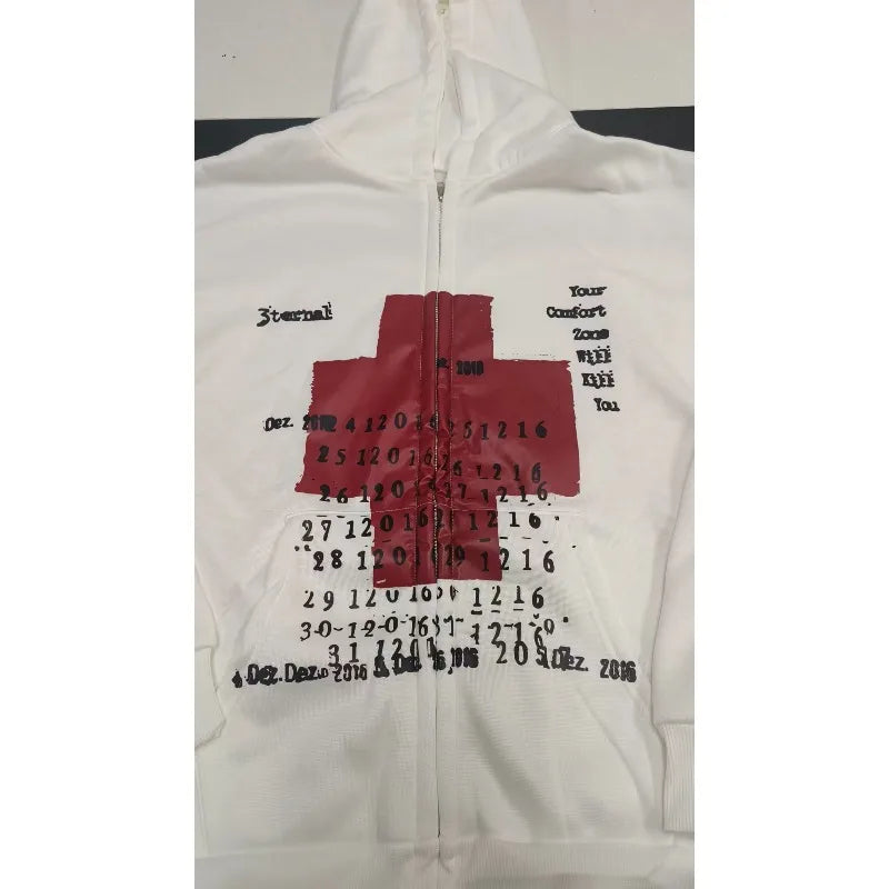 Mens Hoodie Vintage Y2K Streetwear Pullover Gray Sweatshirt Red Cross Print Distressed Style Long Sleeve Casual Dark Fashion