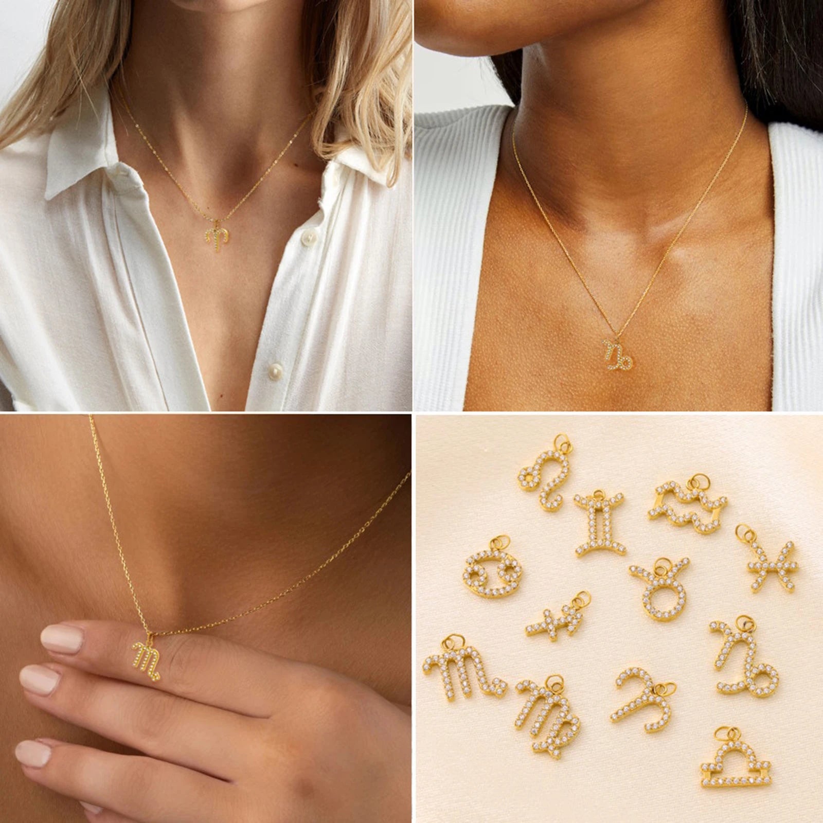 12pcs Gold Plated Stainless Steel Pendant 12 Zodiac Zircon Silver/Gold Color Charms for DIY Necklace Jewelry Making Accessorie