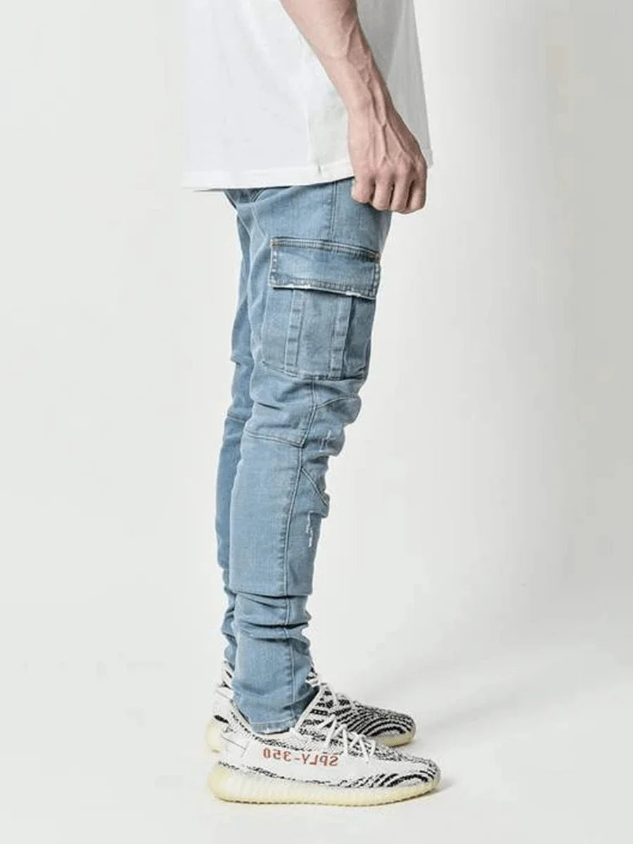 Men's street elastic denim work pants washed solid color multi pocket casual mid waist pants slim fit daily wear jogging pants