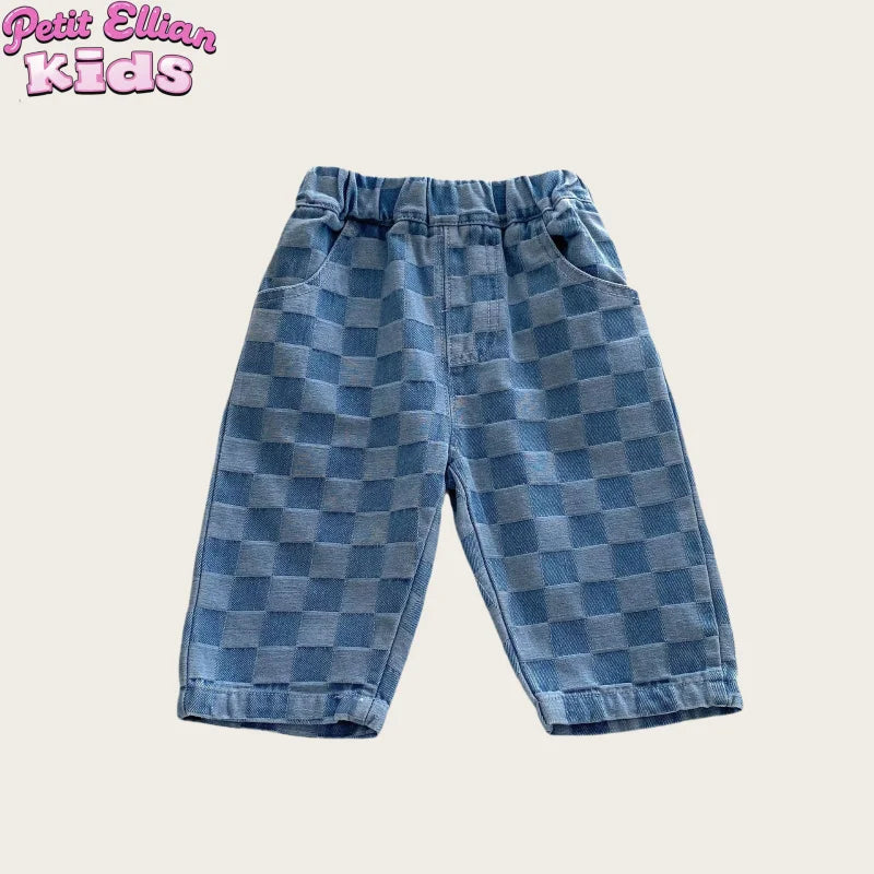 0-5Y Korean Children's Denim Pants Clothes 2026 Checkered Jeans with Stylish and Comfortable Fashion for Little Kids Trousers