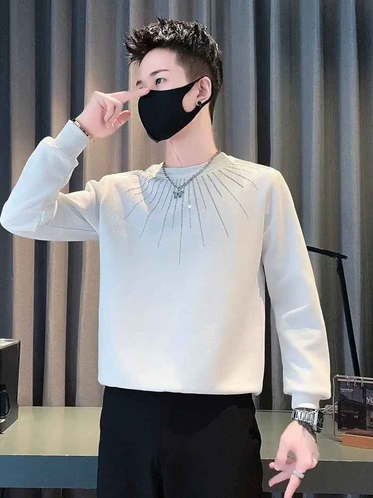 Studded Hoodie Men White Round Neck Long Sleeve T Shirt Trendy Pullover Streetwear Top