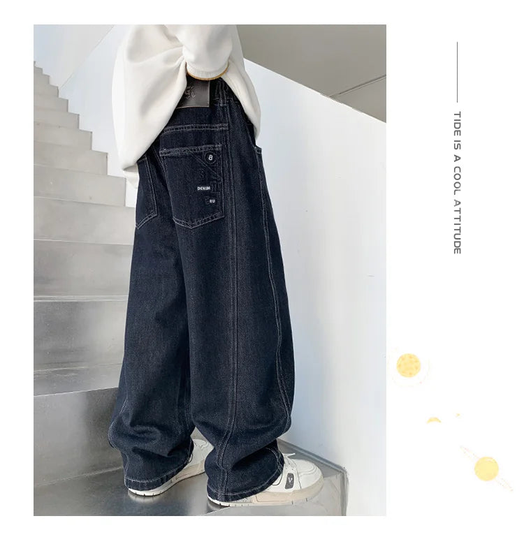 Children Vintage Dark Blue Denim Jeans with Pockets for Teens Boys New Casual Pants Kids High Quality Spring Autumn Trousers