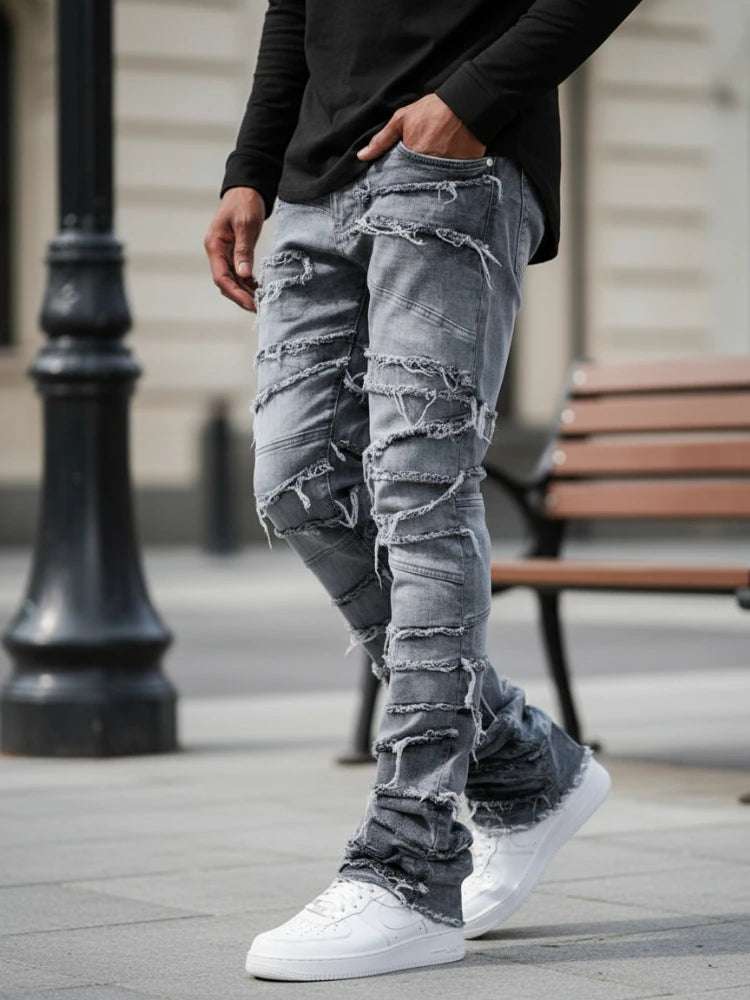 Men's High Street Distressed Stacked Jeans Patchwork Frayed Slim Straight Denim Pants Blue Trendy Fashion Slim Fit Trousers