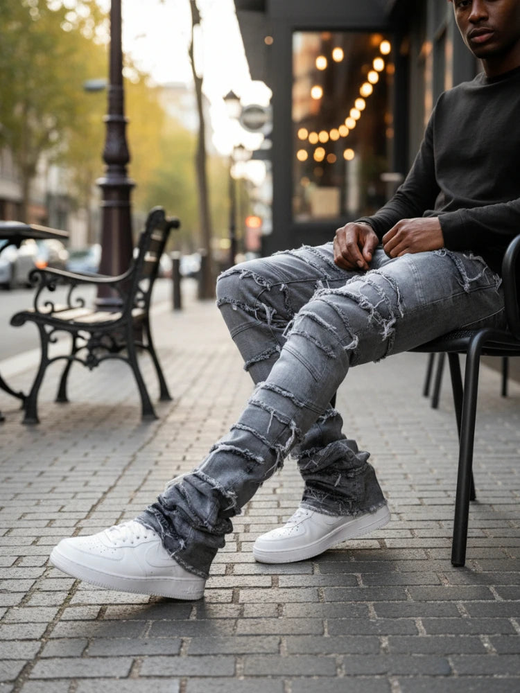 Men's High Street Distressed Stacked Jeans Patchwork Frayed Slim Straight Denim Pants Blue Trendy Fashion Slim Fit Trousers