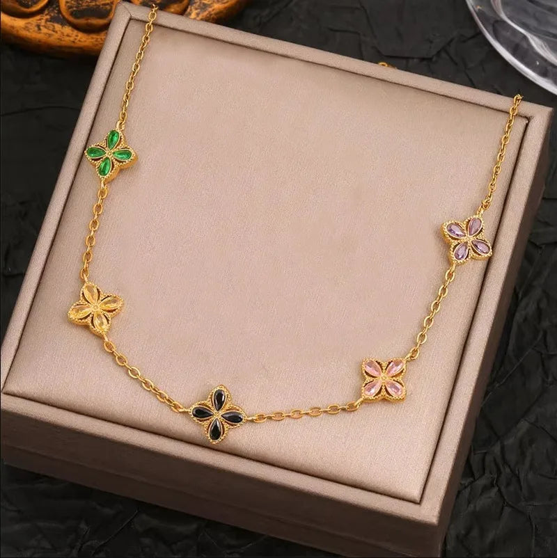 Crystal Zircon Four Leaf Flower Jewelry Set Bracelet Necklace Cute Women's 18k Gold Plated Stainless Steel Chaim Clover Gifts