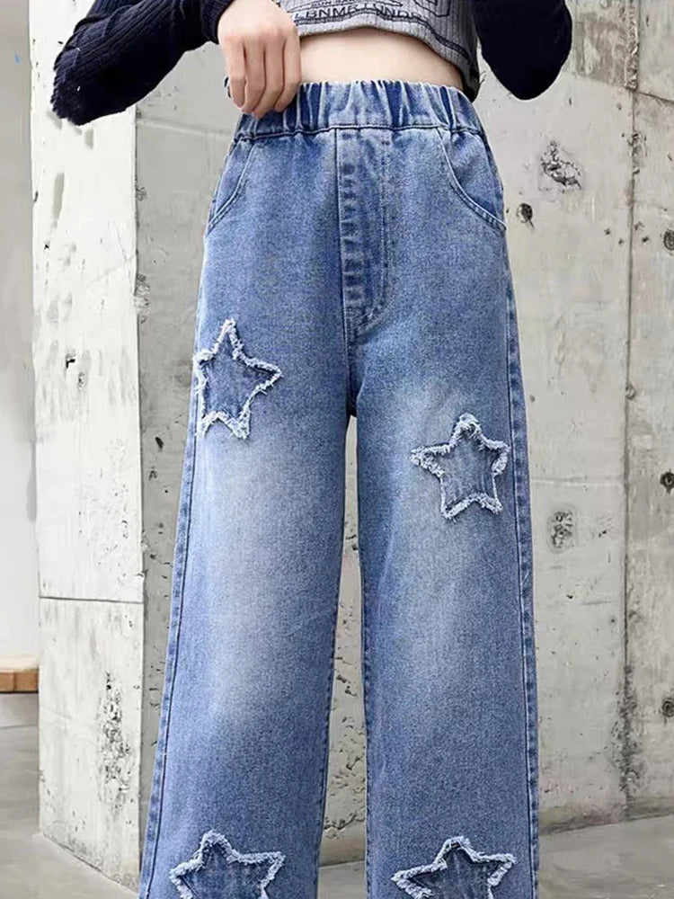 Kids Girls Jeans Pocket Decoration Long Denim Pants  Autumn Teenager Children New Sports Casual Straight Trousers For 2-12 Years