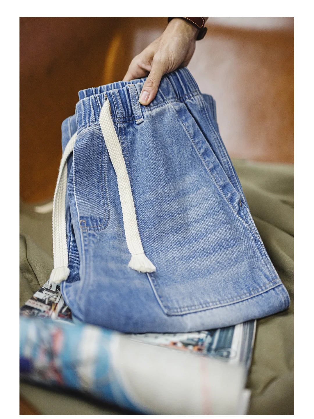 Maden Men's Washed Denim Jeans Wide Leg Straight Pants Elastic Waist Drawstring Loose Fit Casual Trousers for Spring Fall