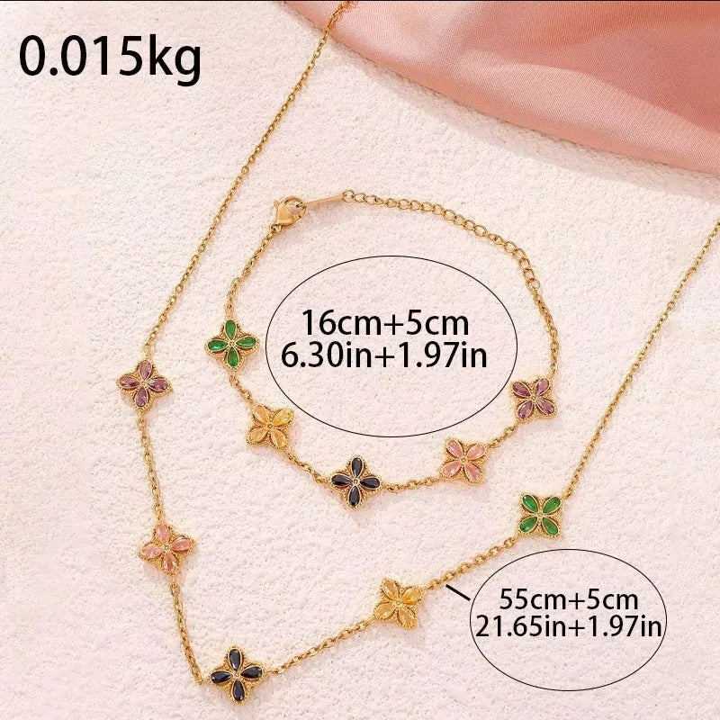 Crystal Zircon Four Leaf Flower Jewelry Set Bracelet Necklace Cute Women's 18k Gold Plated Stainless Steel Chaim Clover Gifts