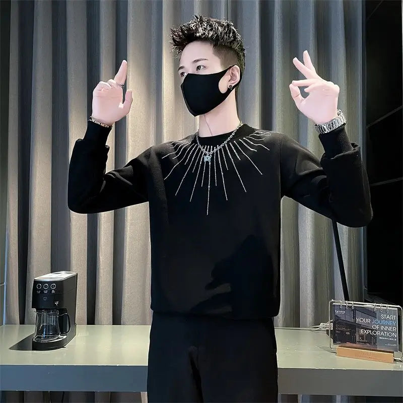 Studded Hoodie Men White Round Neck Long Sleeve T Shirt Trendy Pullover Streetwear Top