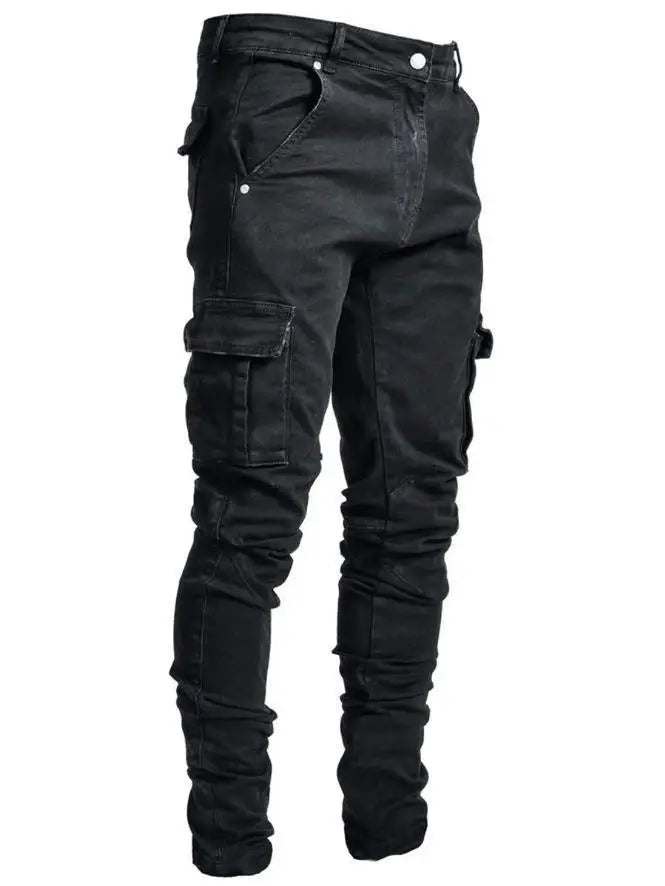 Men's street elastic denim work pants washed solid color multi pocket casual mid waist pants slim fit daily wear jogging pants