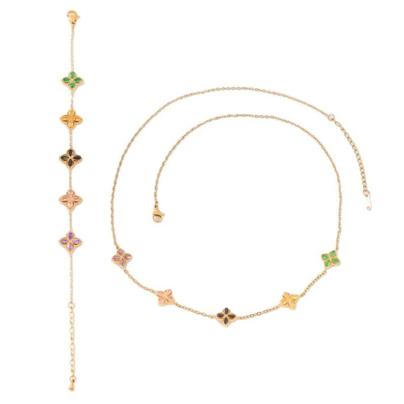 Crystal Zircon Four Leaf Flower Jewelry Set Bracelet Necklace Cute Women's 18k Gold Plated Stainless Steel Chaim Clover Gifts
