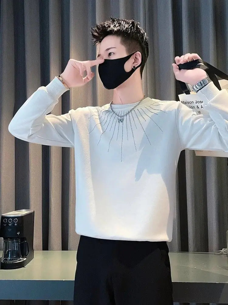 Studded Hoodie Men White Round Neck Long Sleeve T Shirt Trendy Pullover Streetwear Top