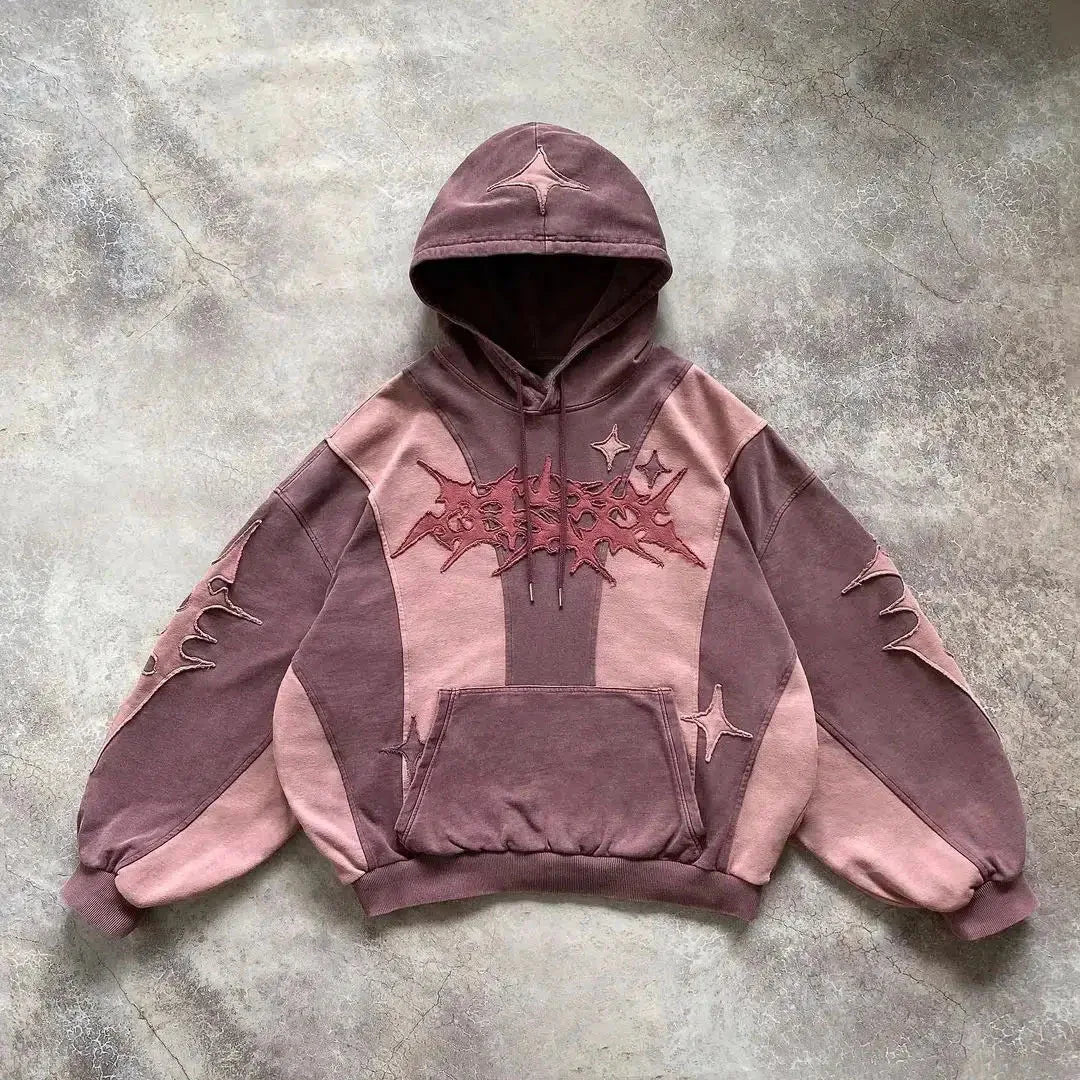 American street style high-end English embroidery collage hoodie with hat, new trendy unisex loose hoodie