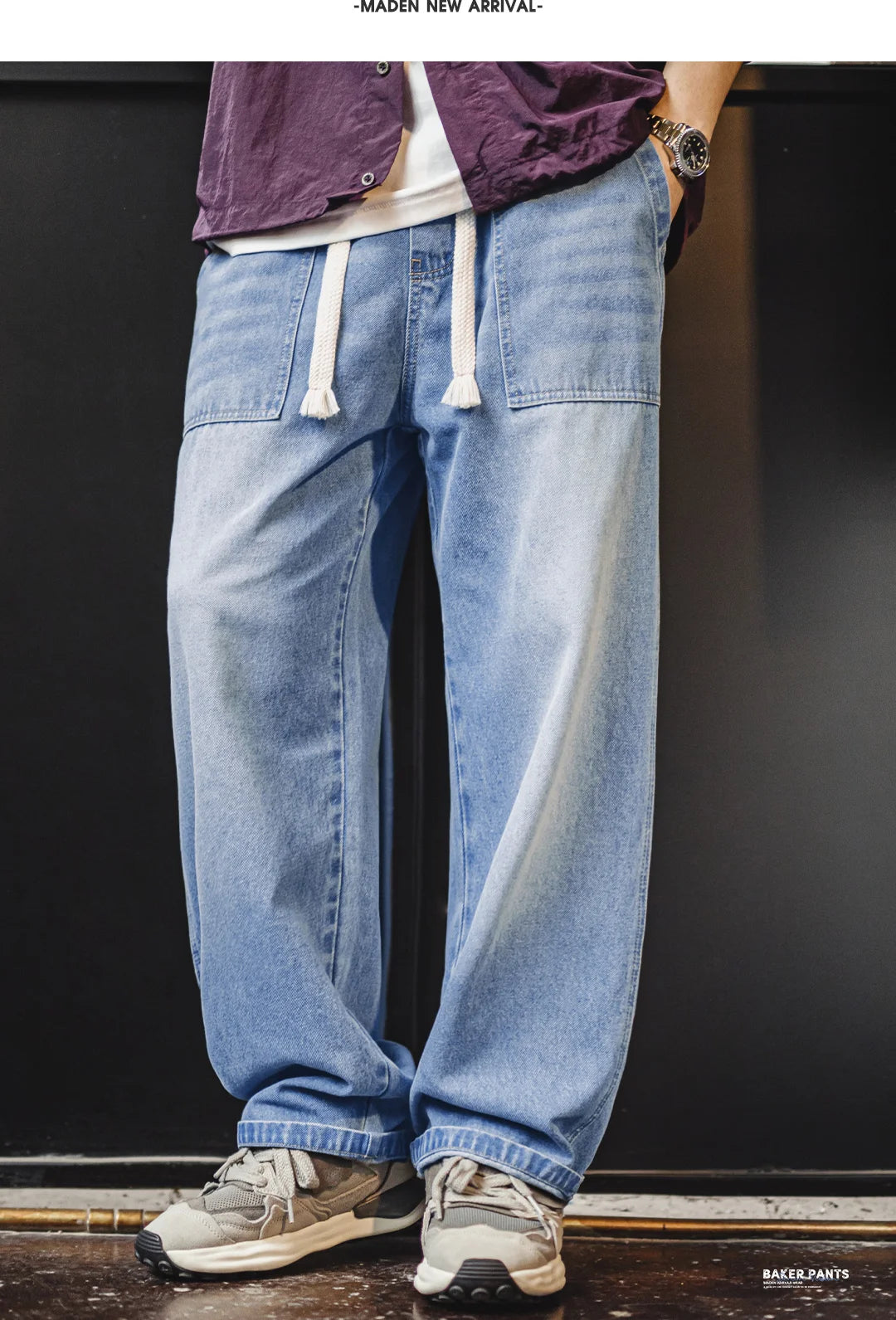 Maden Men's Washed Denim Jeans Wide Leg Straight Pants Elastic Waist Drawstring Loose Fit Casual Trousers for Spring Fall