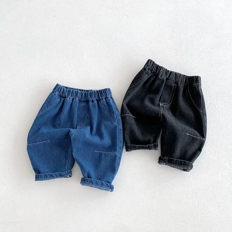 Kids Jeans 9M-5T Children Girls Solid Color Denim Blue Pants Baby Boys Cute Casual Trousers