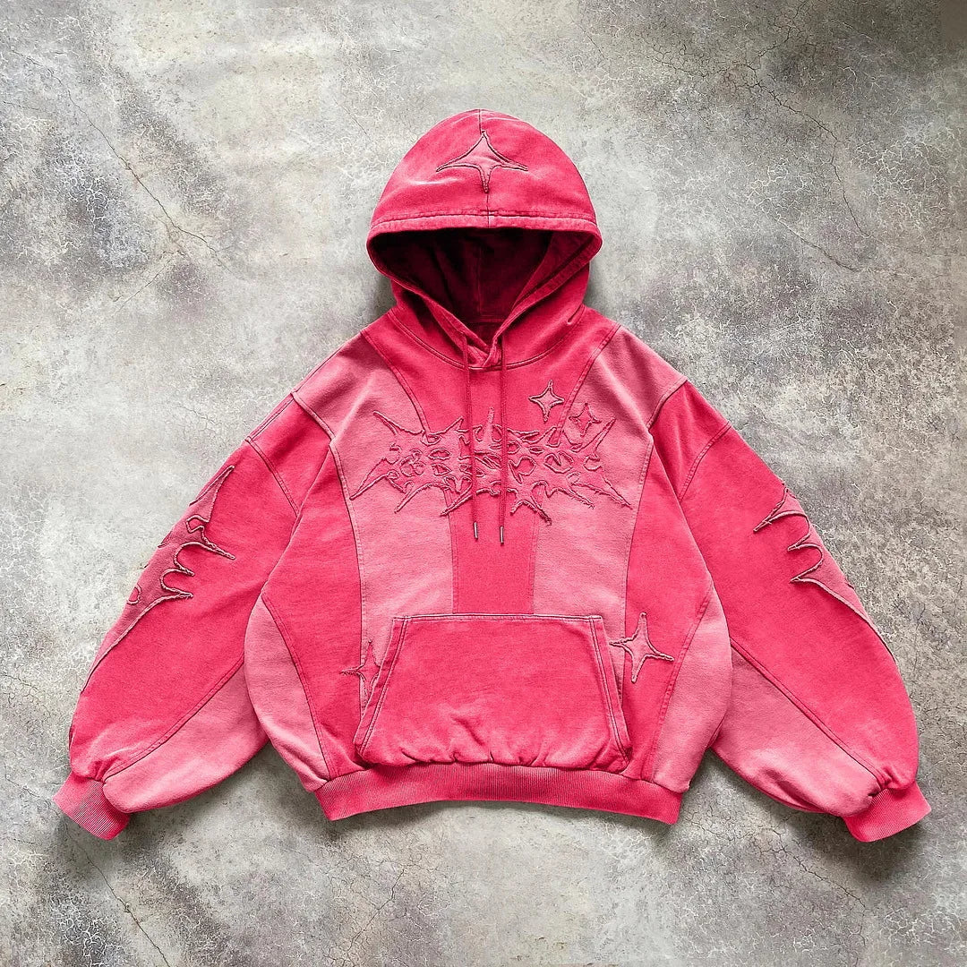 American street style high-end English embroidery collage hoodie with hat, new trendy unisex loose hoodie