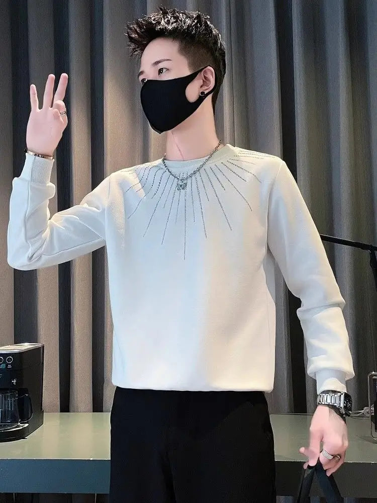 Studded Hoodie Men White Round Neck Long Sleeve T Shirt Trendy Pullover Streetwear Top