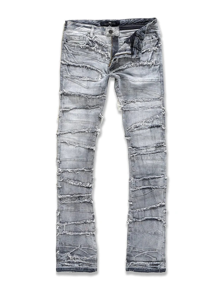 Men's High Street Distressed Stacked Jeans Patchwork Frayed Slim Straight Denim Pants Blue Trendy Fashion Slim Fit Trousers