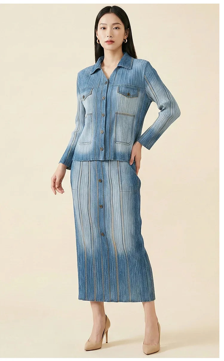 Women's premium denim two-piece suit, featuring a retro gradient cardigan paired with a midi skirt, a fashionable retro style fo