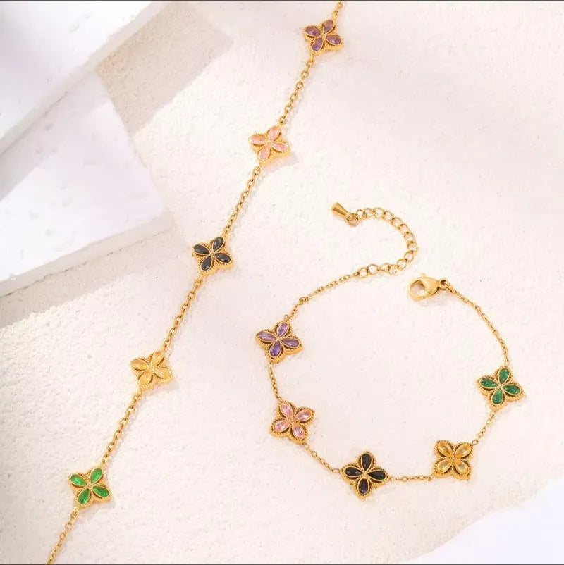 Crystal Zircon Four Leaf Flower Jewelry Set Bracelet Necklace Cute Women's 18k Gold Plated Stainless Steel Chaim Clover Gifts