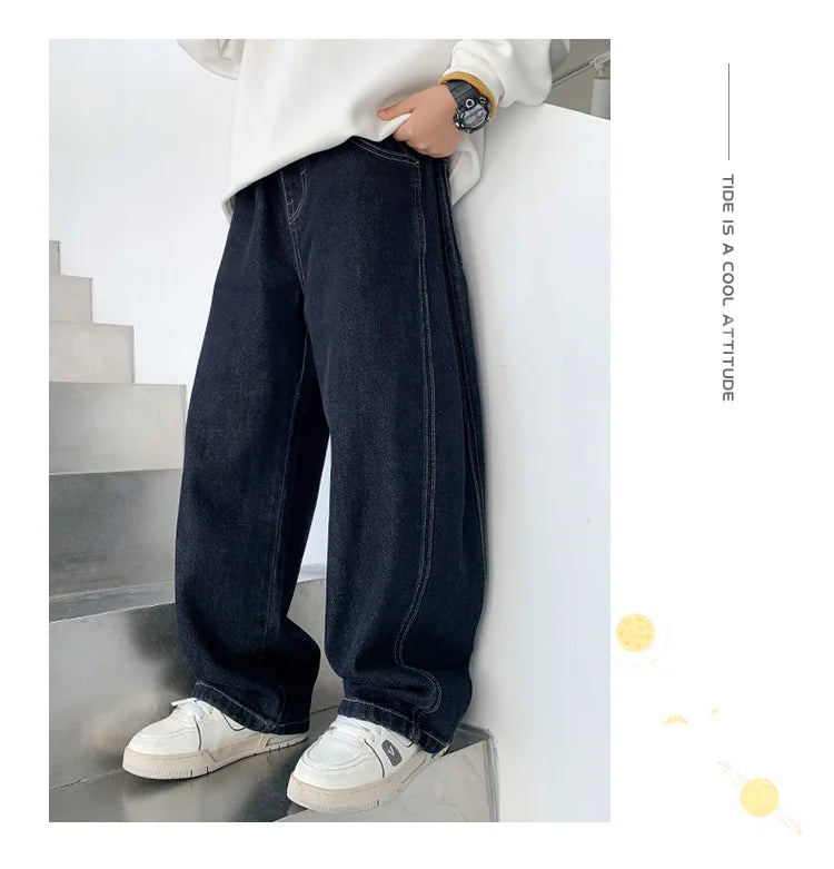 Children Vintage Dark Blue Denim Jeans with Pockets for Teens Boys New Casual Pants Kids High Quality Spring Autumn Trousers