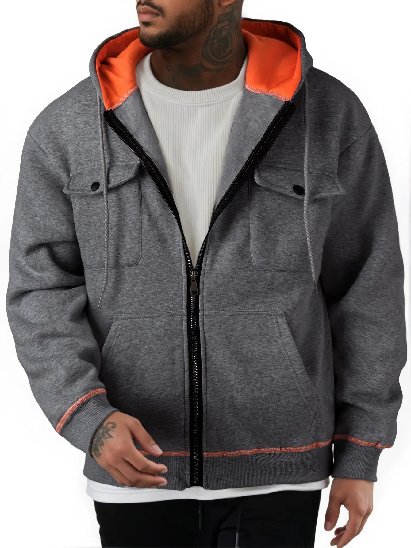 High Street Hoodie Men's Solid Color Chest Two Pocket Zipper Long Sleeve Loose Jacket Jacket Casual Hoodie Y2K