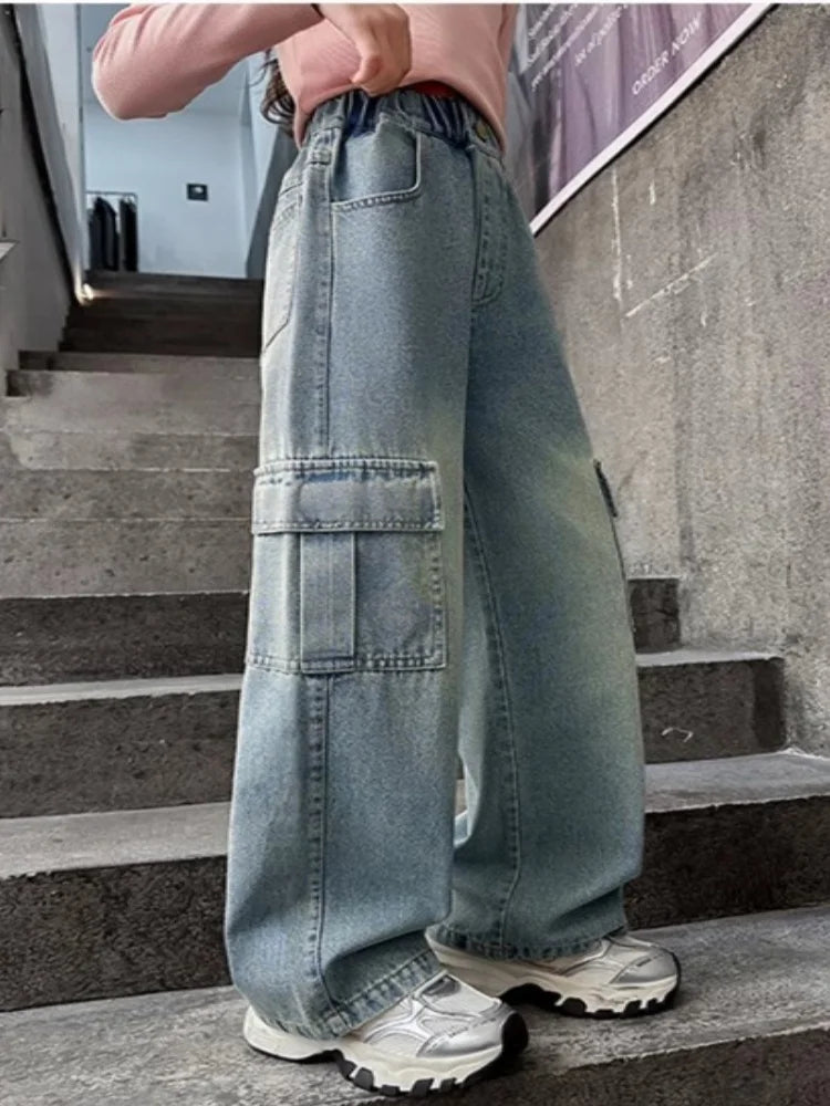 Kids Girls Jeans Pocket Decoration Long Denim Pants  Autumn Teenager Children New Sports Casual Straight Trousers For 2-12 Years