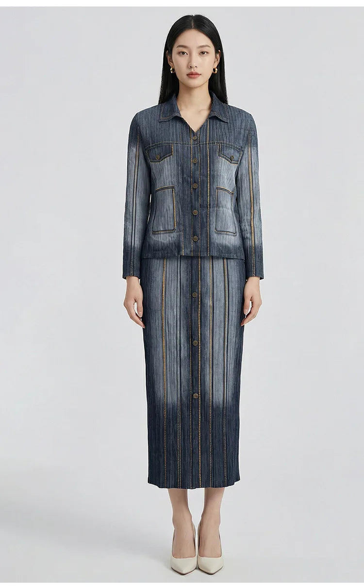 Women's premium denim two-piece suit, featuring a retro gradient cardigan paired with a midi skirt, a fashionable retro style fo