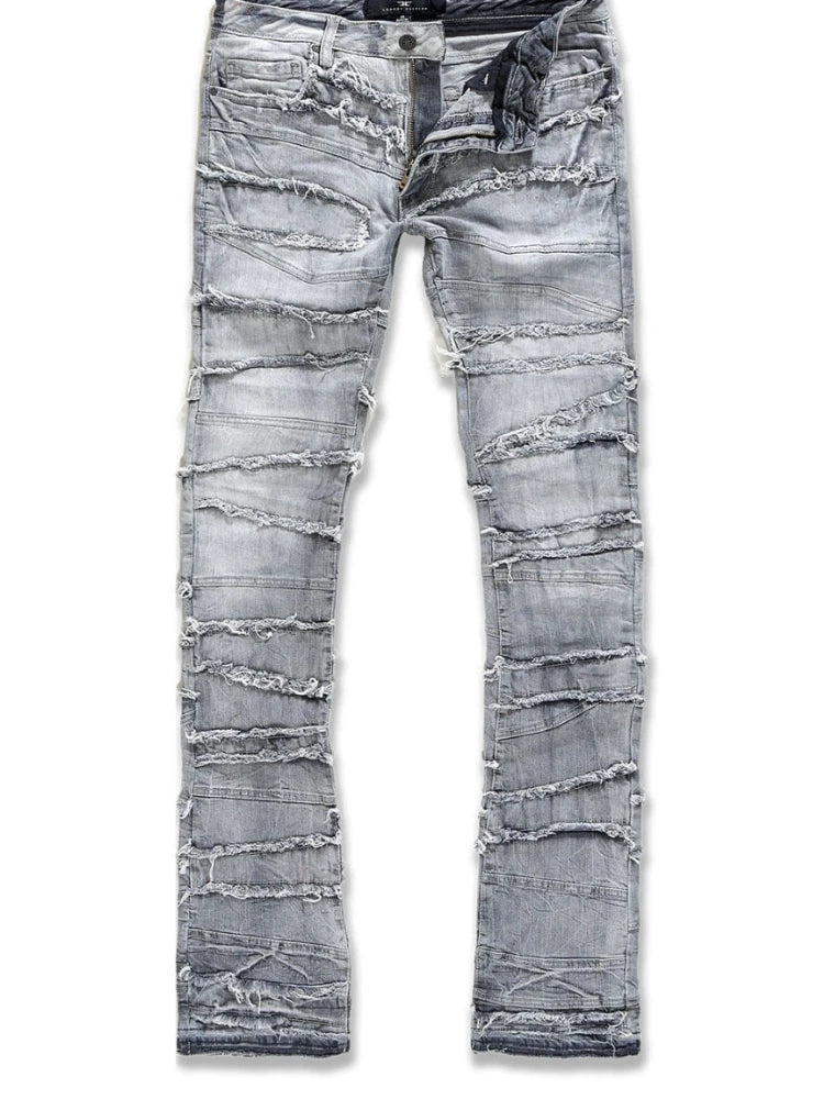 Men's High Street Distressed Stacked Jeans Patchwork Frayed Slim Straight Denim Pants Blue Trendy Fashion Slim Fit Trousers