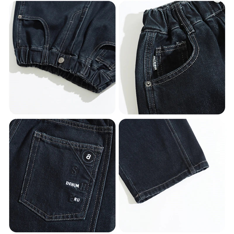 Children Vintage Dark Blue Denim Jeans with Pockets for Teens Boys New Casual Pants Kids High Quality Spring Autumn Trousers