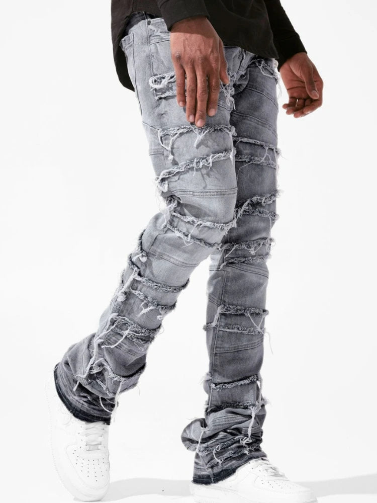 Men's High Street Distressed Stacked Jeans Patchwork Frayed Slim Straight Denim Pants Blue Trendy Fashion Slim Fit Trousers