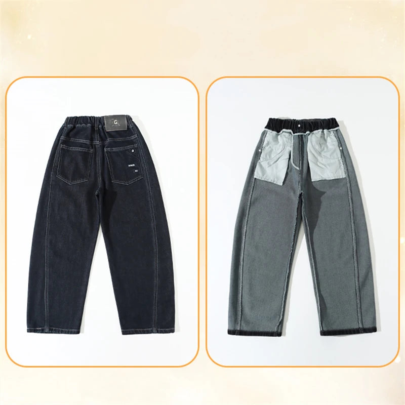Children Vintage Dark Blue Denim Jeans with Pockets for Teens Boys New Casual Pants Kids High Quality Spring Autumn Trousers