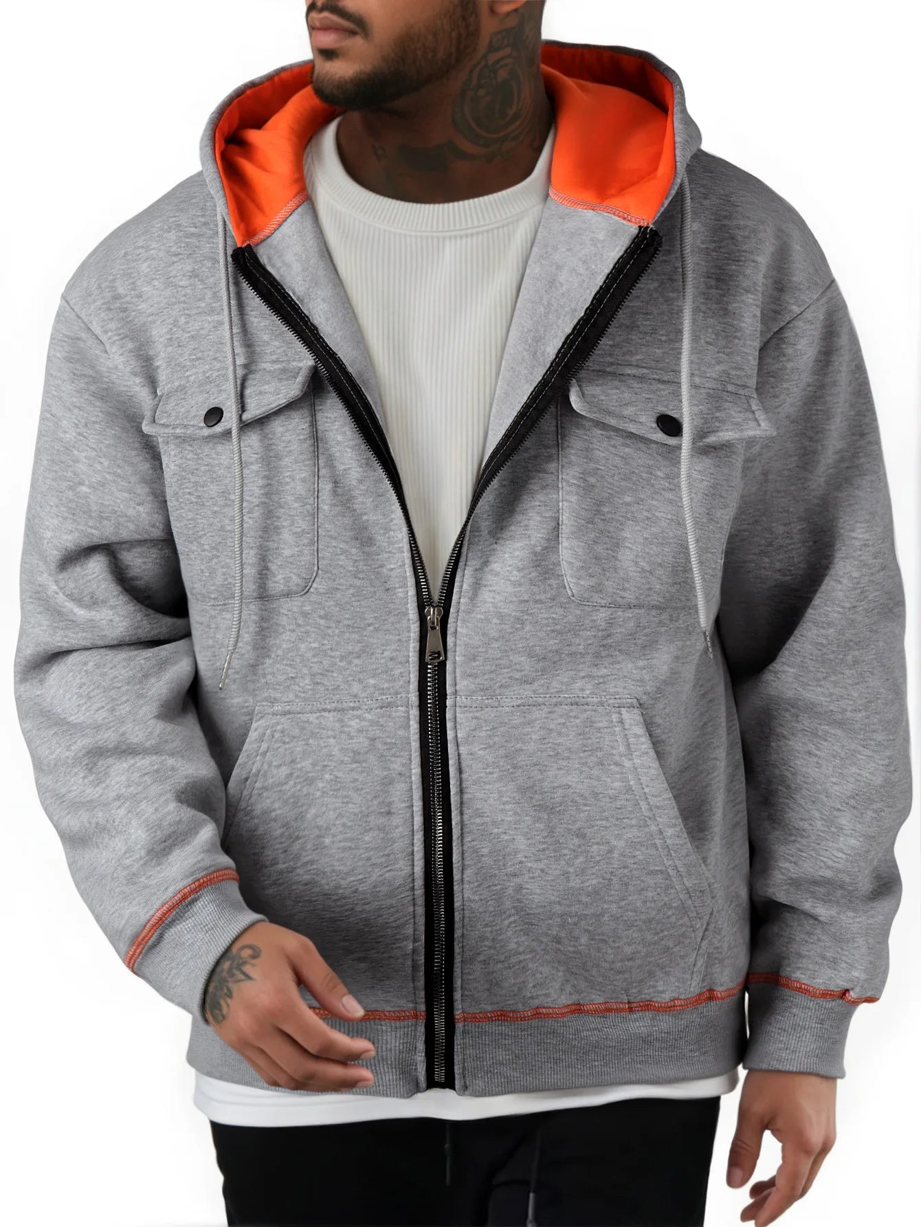 High Street Hoodie Men's Solid Color Chest Two Pocket Zipper Long Sleeve Loose Jacket Jacket Casual Hoodie Y2K