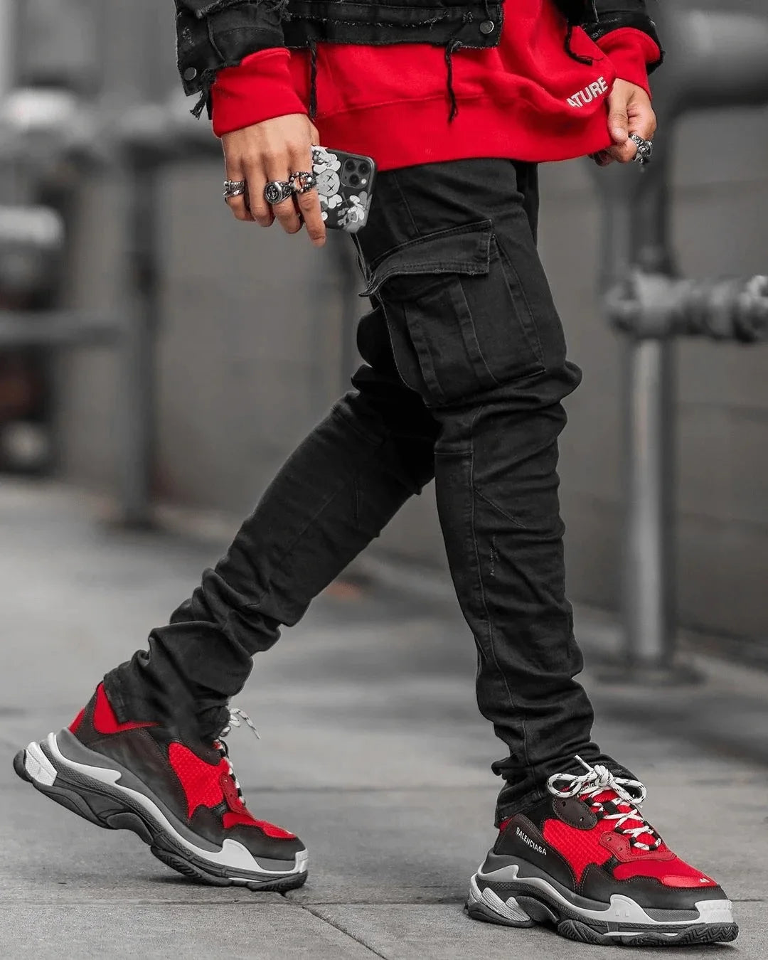 Men's street elastic denim work pants washed solid color multi pocket casual mid waist pants slim fit daily wear jogging pants