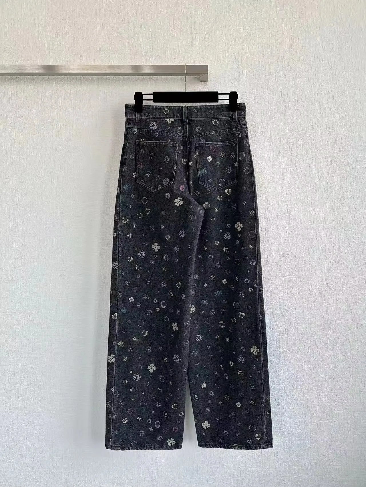 Women's Luxury Floral Denim Jeans, High Waist Wide Leg Trousers, Premium High Quality Loose Fit Pants, Designer Vintage Fashion
