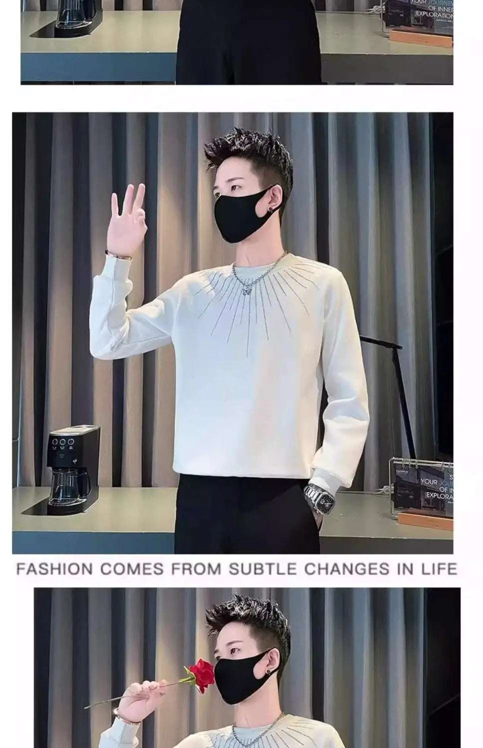 Studded Hoodie Men White Round Neck Long Sleeve T Shirt Trendy Pullover Streetwear Top