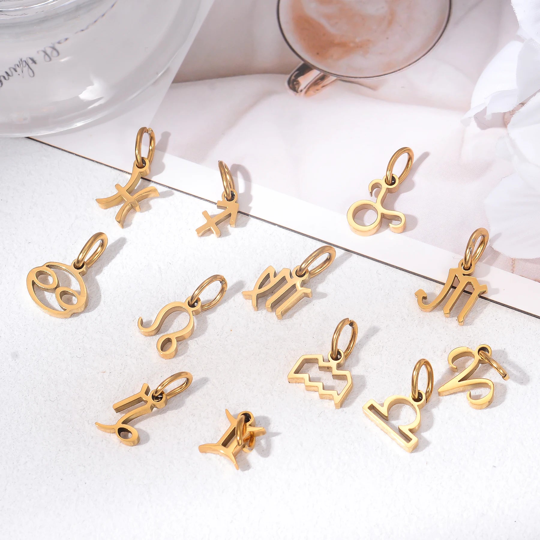 12pcs Gold Plated Stainless Steel Pendant 12 Zodiac Zircon Silver/Gold Color Charms for DIY Necklace Jewelry Making Accessorie